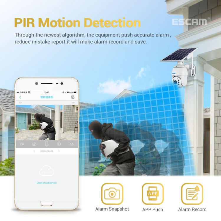 ESCAM solar camera for PIR motion detection with solar panel and front lens on housing