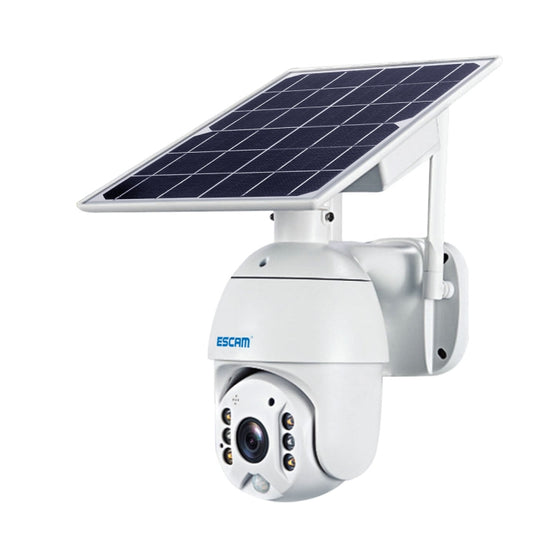 White outdoor solar security camera with dark solar panel on top, wall-mounted.
