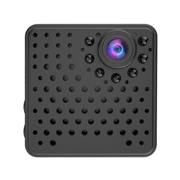 Black mini security camera front with wide lens and circular screw accents