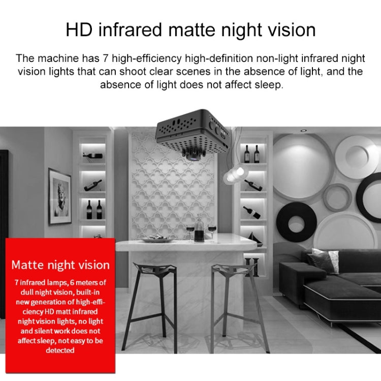 Mini HD WiFi security camera with front lens and dot grille, compact black body