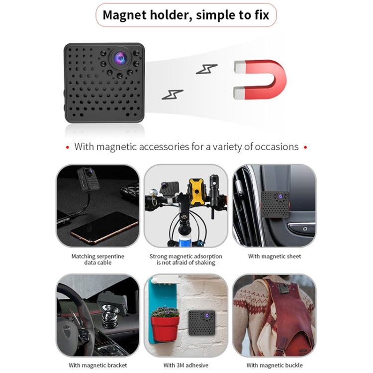 Mini WiFi security camera with magnetic attachment, black body and purple front lens