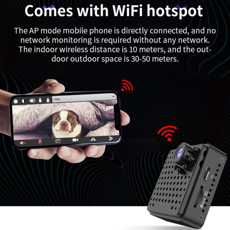 Mini WiFi security camera with phone displaying live view, WiFi hotspot icons