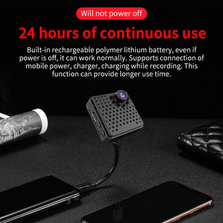 Mini WiFi security camera connected to a cable, compact black cube for continuous use