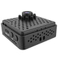Black mini security camera top view with lens and perforated housing