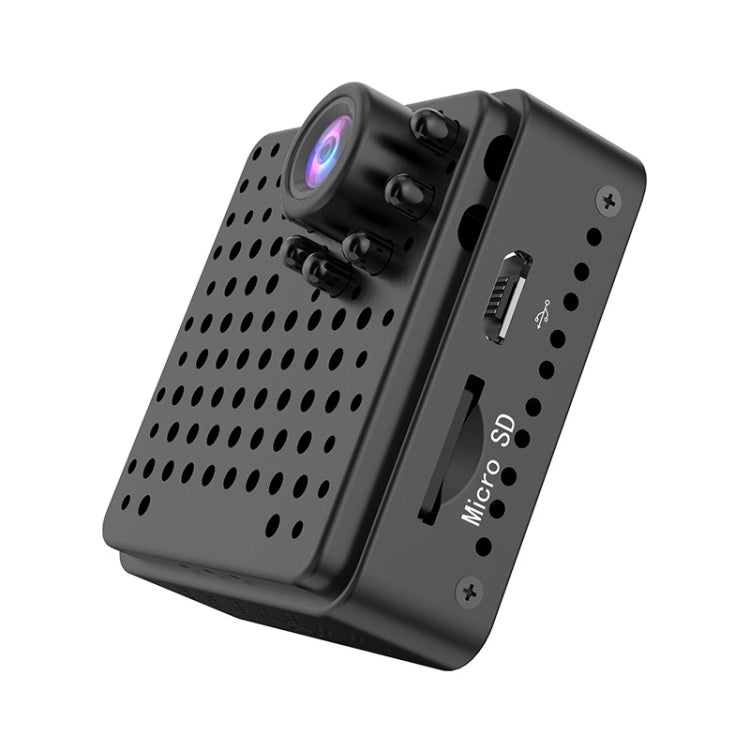 Black mini security camera side with microSD card slot and port panel