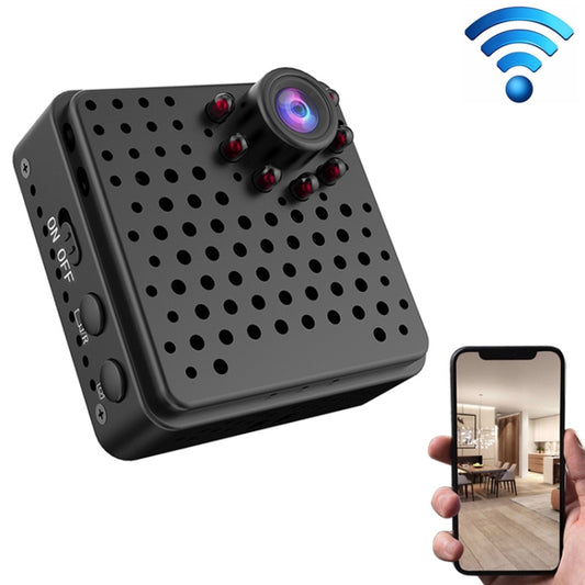 Black mini WiFi security camera with front lens and perforated vent panel