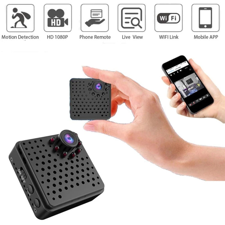 Black mini WiFi security camera in hand beside smartphone app view
