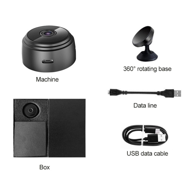 Black dome security camera with 360° rotating base and included USB data cable