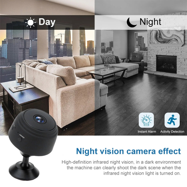 Compact black dome security camera on tabletop stand with night-vision style icons