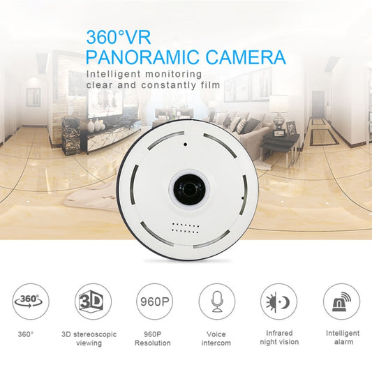 360EyeS 360-degree panoramic network camera, white dome front with round lens and lights.