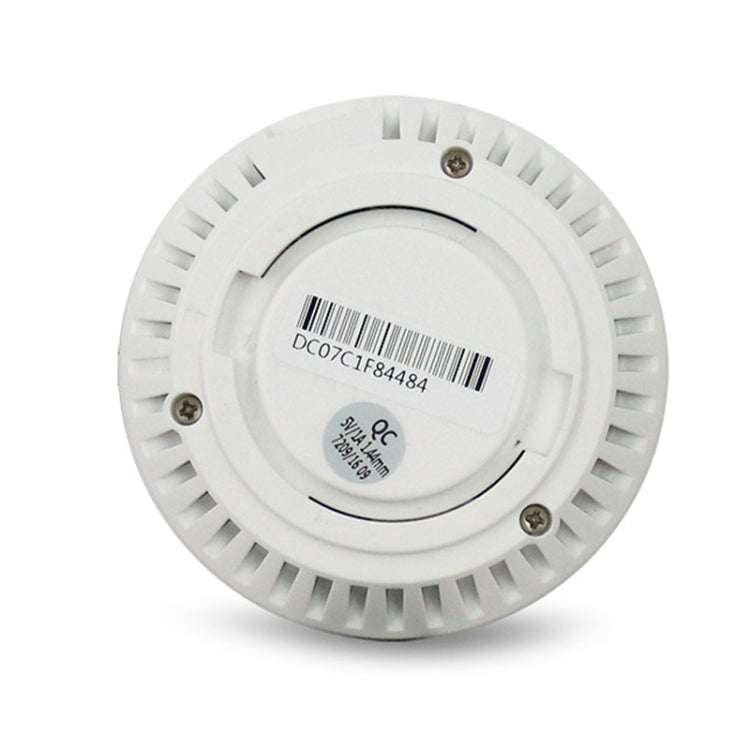 White ceiling-mount panoramic camera underside with screws, vents, and barcode label