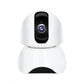 White indoor security camera, front view, black rotating lens housing with blue reflection