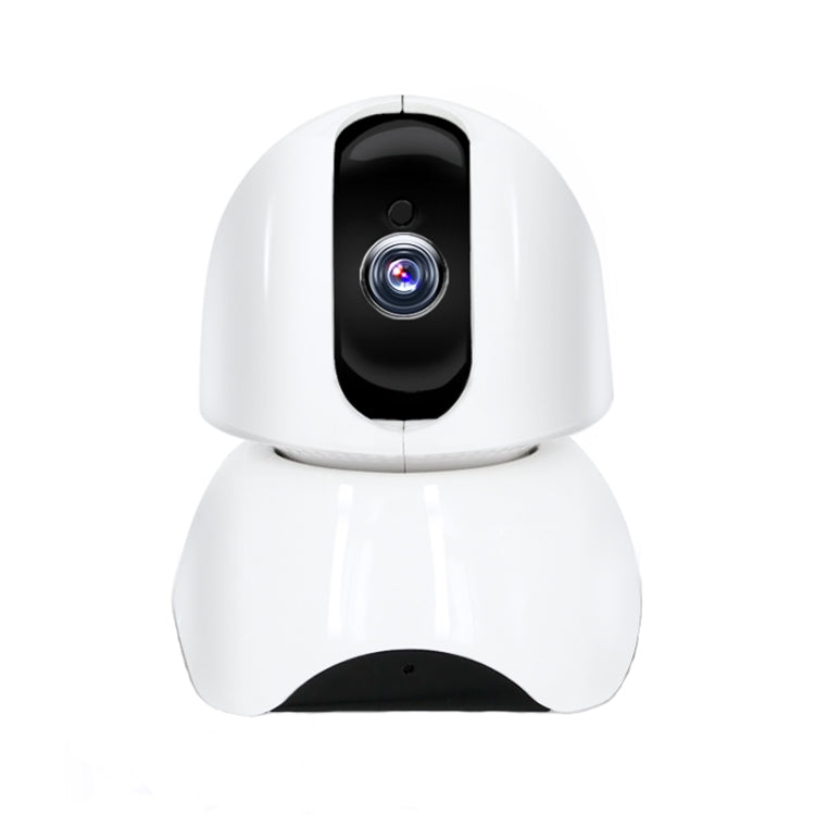 White indoor security camera, front view, black rotating lens housing with blue reflection