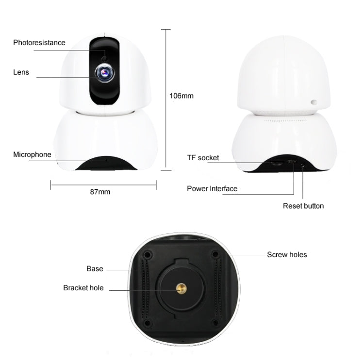 White security camera diagram showing lens, microphone, TF socket, and base screw holes