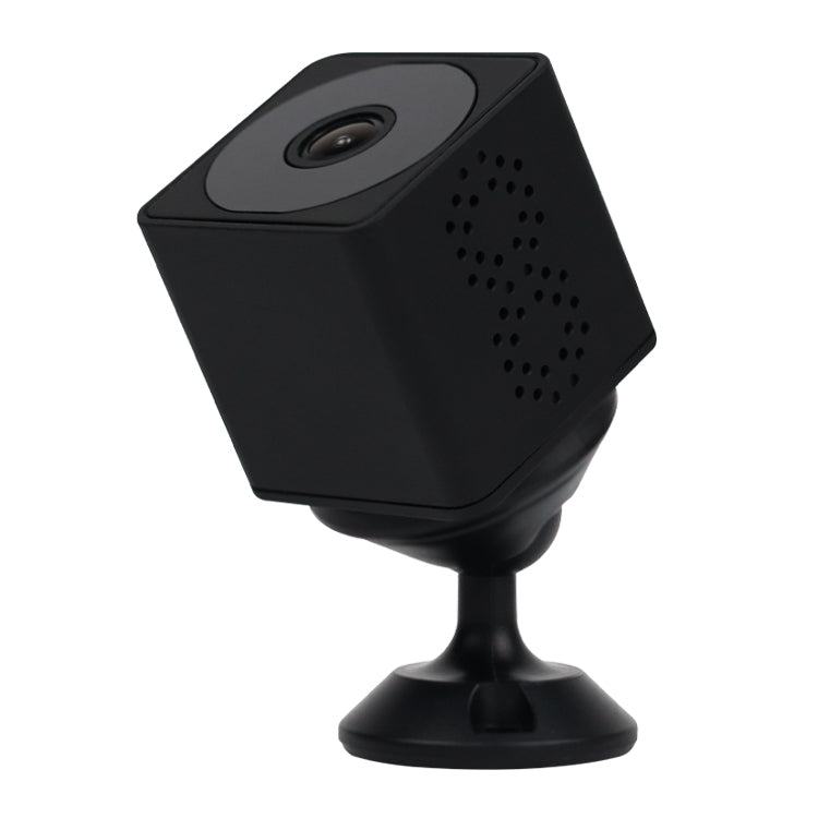 Black mini action camera on desk stand, with front lens and speaker vent holes