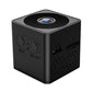 Black mini cube action camera showing front lens, USB port, and side buttons