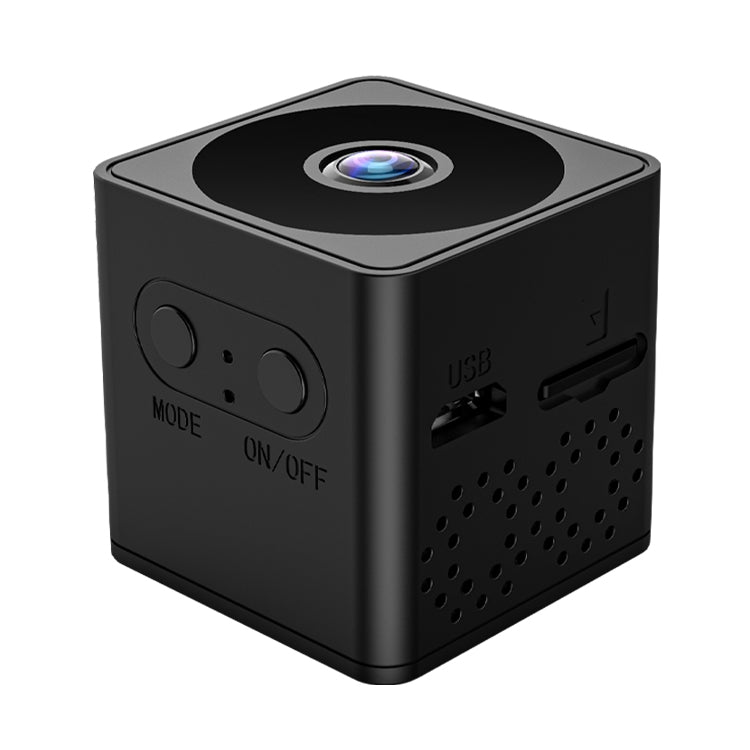 Black mini cube action camera showing front lens, USB port, and side buttons