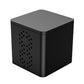 Black mini cube action camera with side speaker vent grille and square body