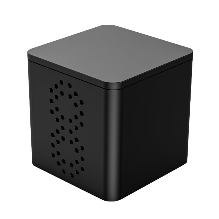 Black mini cube action camera with side speaker vent grille and square body
