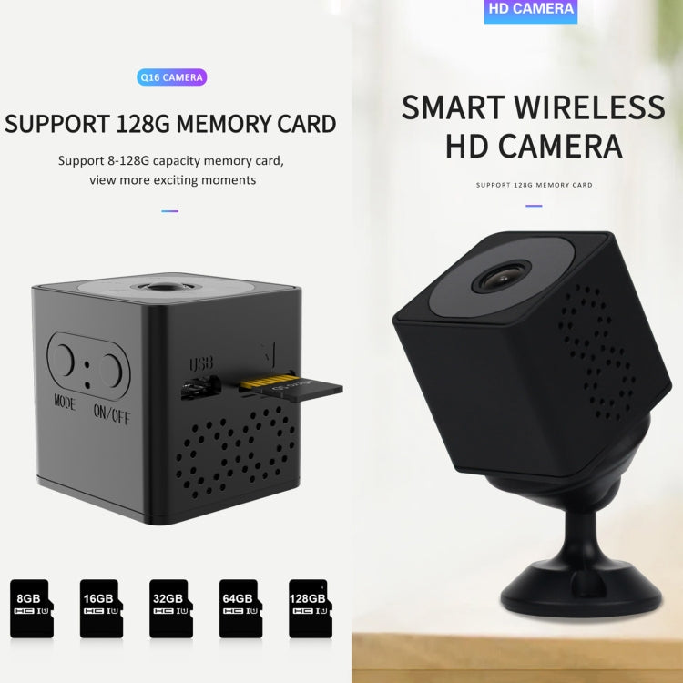 Black mini action camera with shown support for compatible 8GB to 128GB memory cards