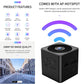 Black mini action camera with wireless hotspot feature callouts and app icons