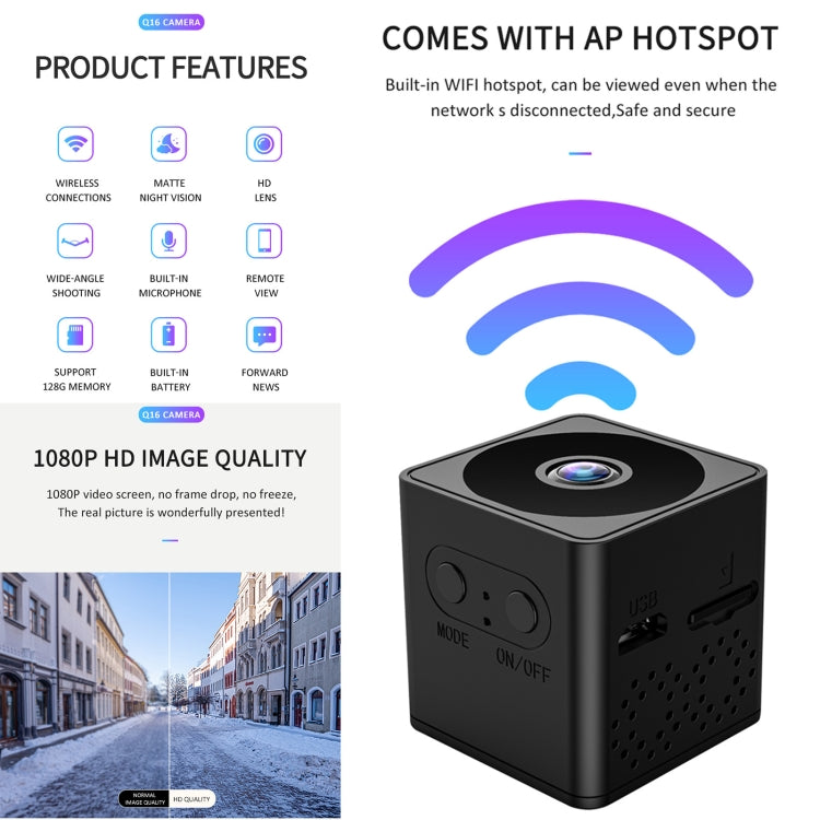 Black mini action camera with wireless hotspot feature callouts and app icons
