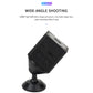 Black mini action camera on stand with wide-angle shooting feature callout