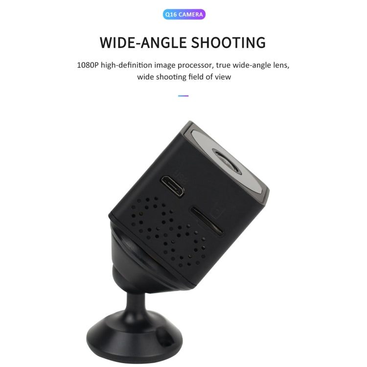 Black mini action camera on stand with wide-angle shooting feature callout