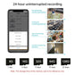 Black mini action camera with smartphone screen showing 24-hour recording and storage options