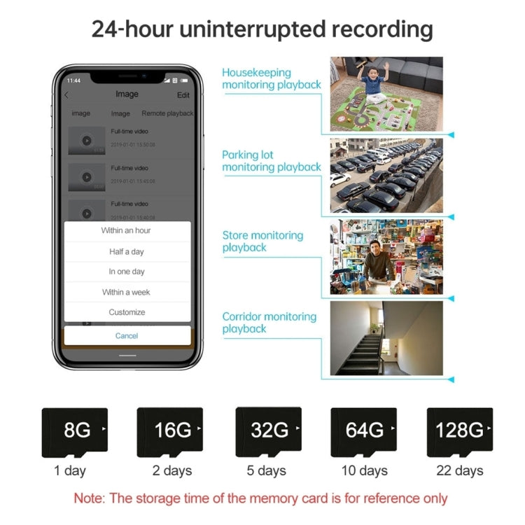 Black mini action camera with smartphone screen showing 24-hour recording and storage options