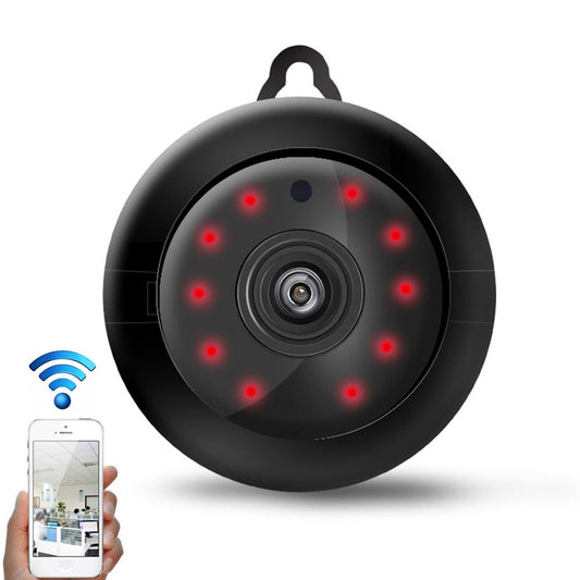 Black dome wireless surveillance camera with red night-vision LED lights around lens