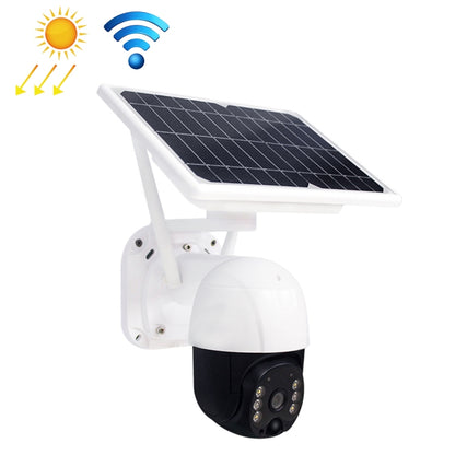 White solar-powered WiFi security camera with black dome lens and mounted solar panel