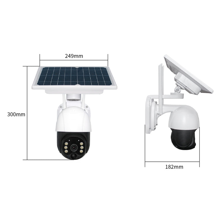 White solar WiFi security camera with solar panel and mount, showing size dimensions