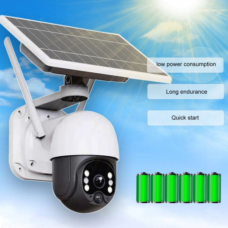 White solar WiFi security camera with black dome and solar panel against blue sky