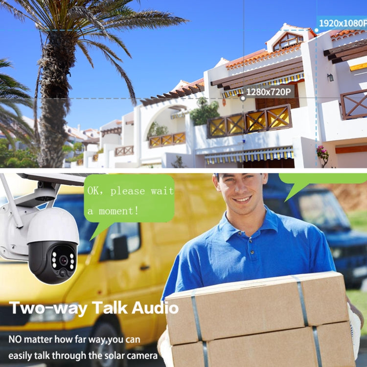 Solar WiFi security camera mounted by a home wall with a delivery package