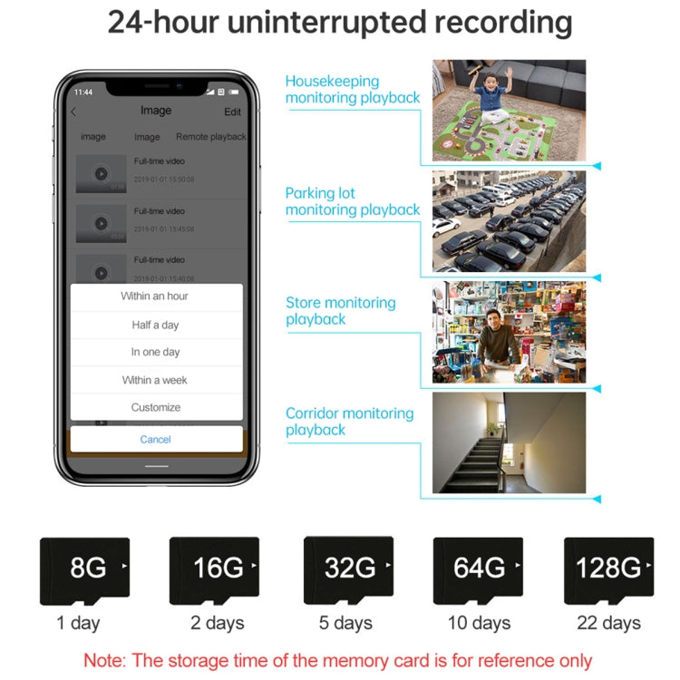 Smartphone screen showing playback storage times for solar WiFi security camera memory cards