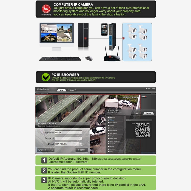 Security camera setup guide with IP address and PC IE browser instructions