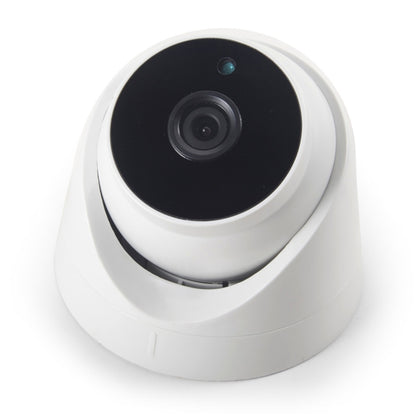 White dome CCTV security camera with dark lens and small indicator window.