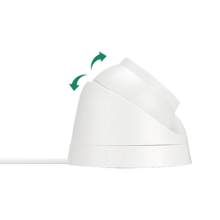 White ceiling dome camera with side housing and cable outlet connection.
