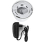 White dome camera base with black power adapter and attached cable set.