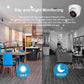 White ceiling-mounted dome security camera for day and night monitoring.