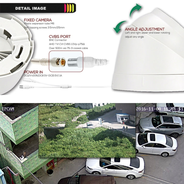 Dome camera connection diagram with angle adjustment and wiring cable illustration.