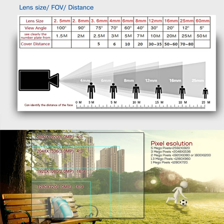 CCTV lens FOV and pixel resolution reference chart with distance scale.