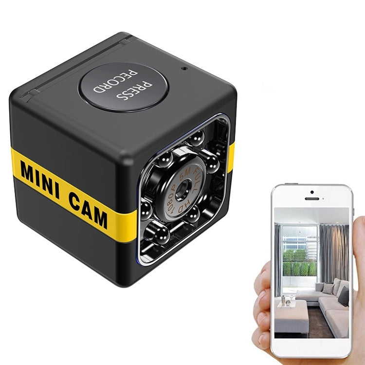 Mini black outdoor sport HD aerial camera with yellow stripe and front lens window