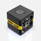 Mini black camera with yellow stripe, front lens module in square body