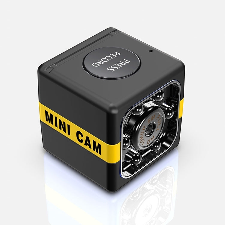 Mini black camera with yellow stripe, front lens module in square body