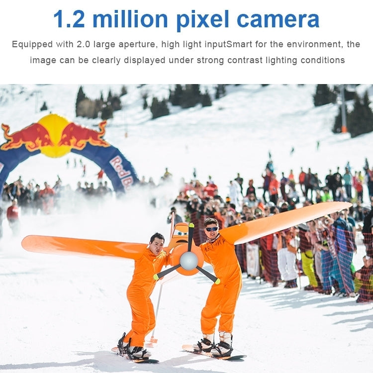 Sport HD mini camera shown in a snowy outdoor skiing scene