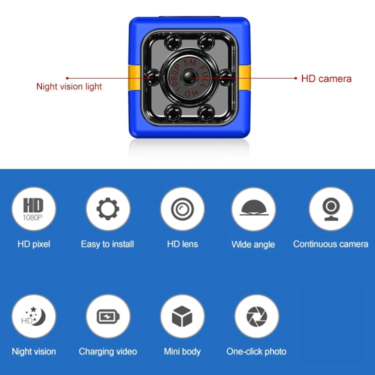 Blue mini cam front lens view with night vision light and HD camera label
