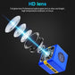 Blue mini cam with yellow stripe, angled lens detail and multiple glass elements