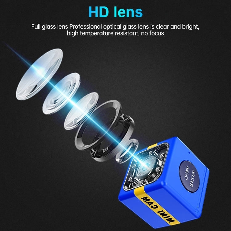 Blue mini cam with yellow stripe, angled lens detail and multiple glass elements